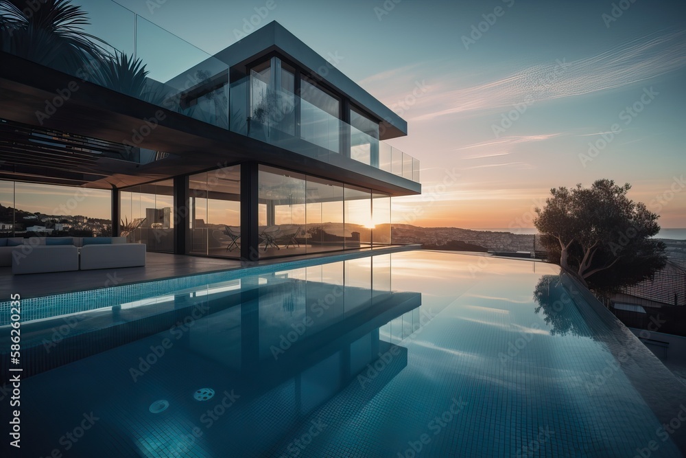 Obraz premium Modern luxury home with pool and garden at blue hour, generative ai