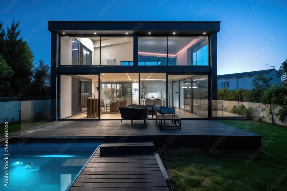 Modern grand villa with swimming pool and garden, generative ai