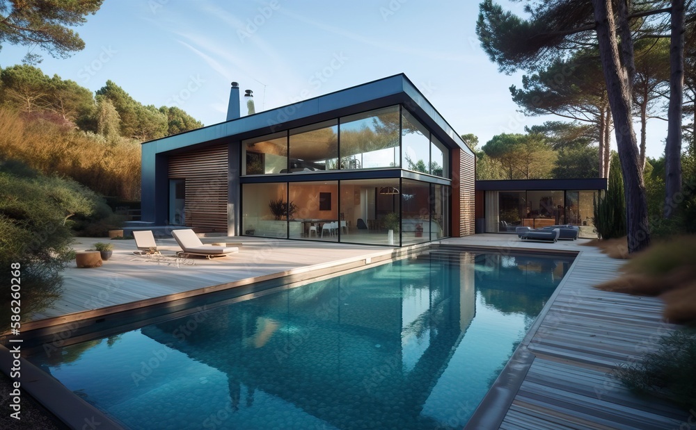Fototapeta premium Modern luxury home with pool and garden at blue hour, generative ai