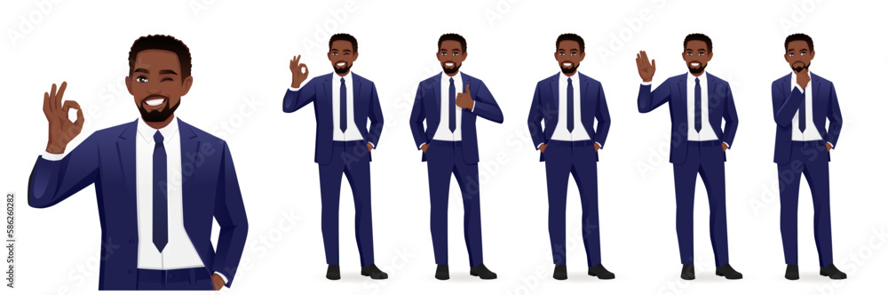 Handsome African business man in suit different poses set. Various gestures - greeting, showing ok sign and thumbs up, thinking isolated vector illustration