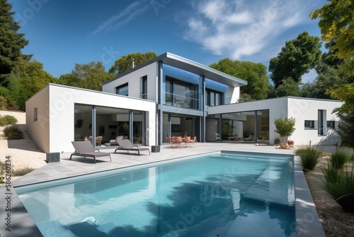Modern impressive villa with swimming pool and garden, generative ai © FrankBoston