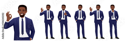 Handsome African business man in suit different poses set. Various gestures - greeting, showing ok sign and thumbs up, thinking isolated vector illustration