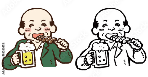焼き鳥つまみにビールを飲む中年～高齢の男性の手描きイラスト　カラー・線画セット
