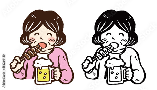 焼き鳥つまみにビールを飲む中年～高齢の女性の手描きイラスト　カラー・線画セット