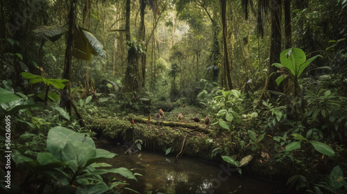 A dense rainforest teeming with wildlife Generative AI