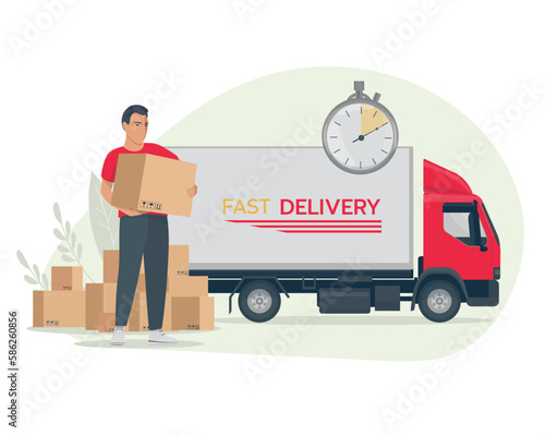 Fast delivery concept. The courier delivers the box. Express delivery for applications and websites. Chronometer, fast service 24 by 7.