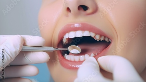 Orthodontic examination of teeth  young woman patient examine teeth while visiting professional doctor. Checkup  teeth examination. Generative AI
