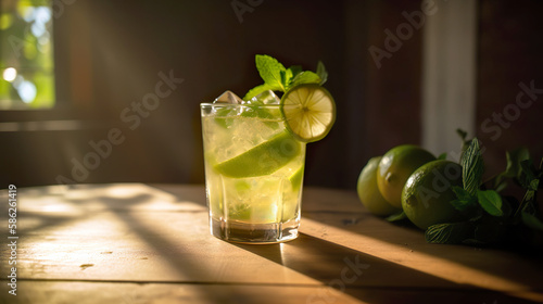 Mojito Cocktail Lime and Mint. Refreshing, fresh drink. AI generated illustration.