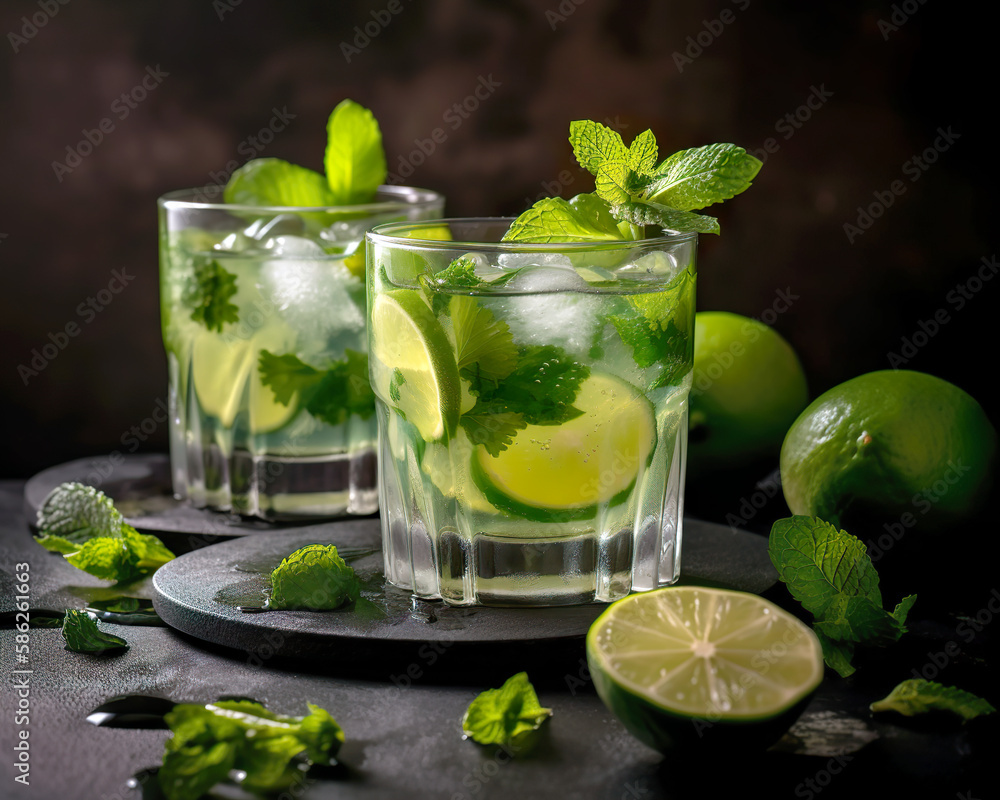 Fototapeta premium Mojito Cocktail Lime and Mint. Refreshing, fresh drink. AI generated illustration.