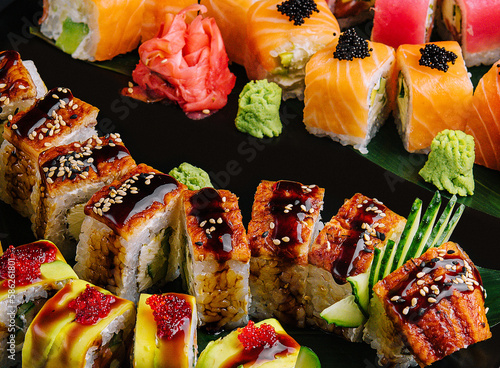 Sushi set on the black plate