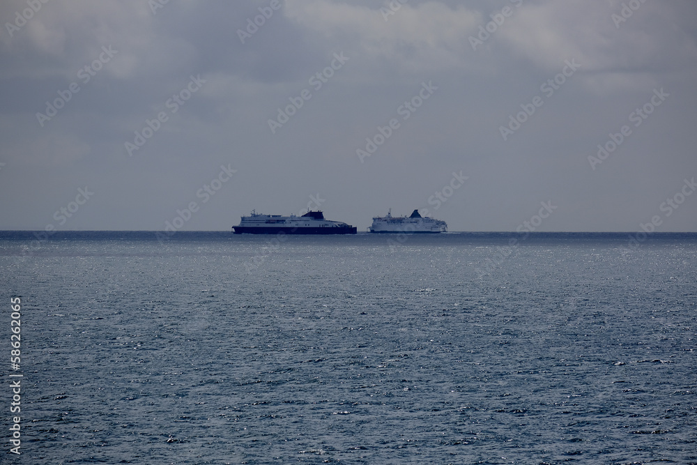 Large modern Passenger freighter pax cargo roro ro-ro ferry cruiseship cruise ship liner at sea