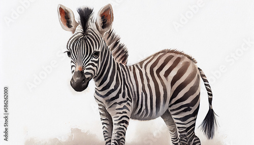 Watercolor illustration tropical animal portrait. Exotic kids summer print for party. Cute poster with zebra