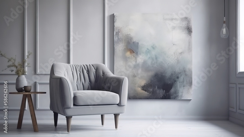 Stylish grey armchair and beautiful painting near white wall. Generative Ai