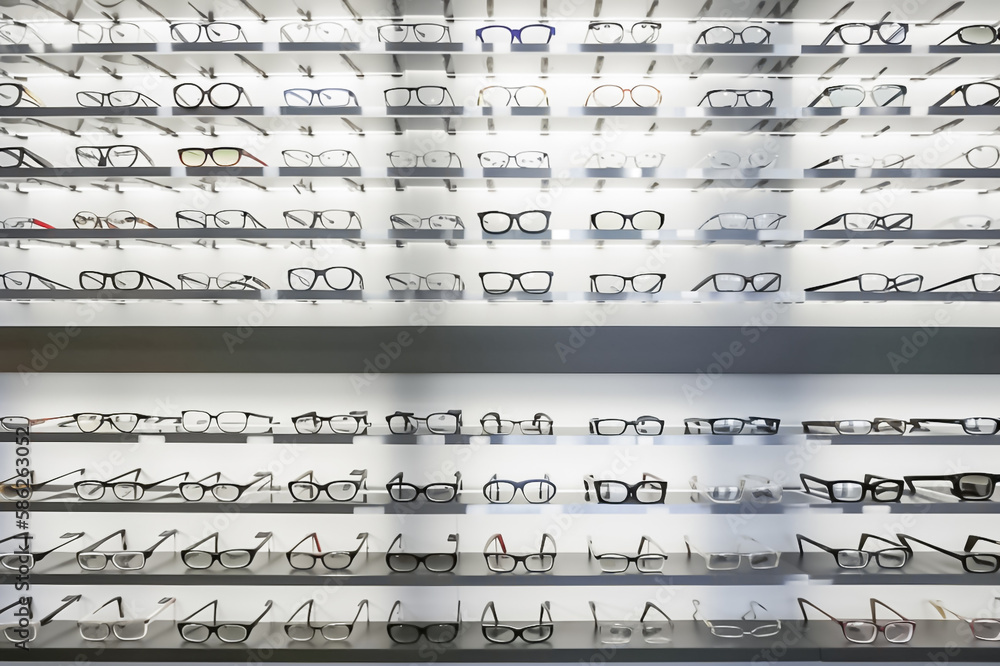 beautiful eye glasses on the display shelf. generative AI