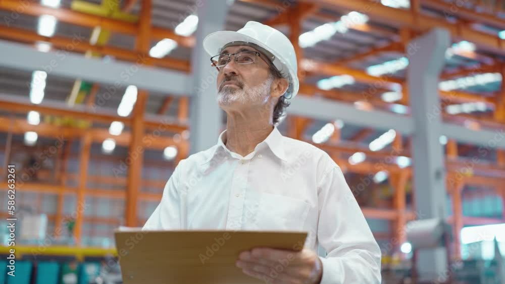 Engineer man manager leader wearing helmet holding clipboard standing and looking around at manufacturing factory recheck stock of production in workplace area Engineer man manager leader wearing helmet holding clipboard standing and looking around at manufacturing factory recheck stock of production in workplace area