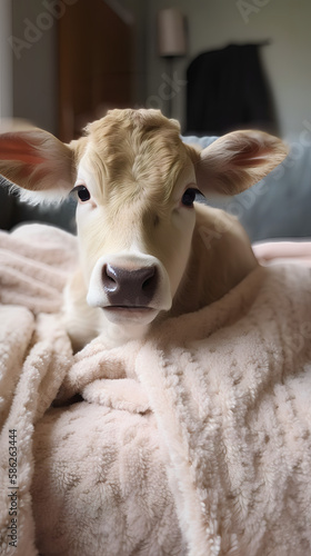 Portrait of a calf wrapped up in a baby blanket, generative AI (ID: 586263444)