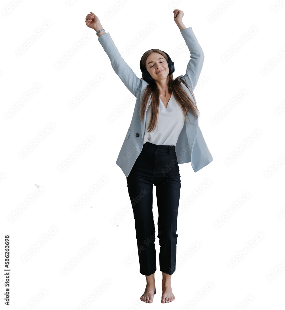 Happy blonde Caucasian girl in headphones, blue jacket, black pants dancing against transparent background, break, time to relax. Fit Italian young entrepreneur celebrates great deal. Successful woman Happy blonde Caucasian girl in headphones, blue jacket, black pants dancing against transparent background, break, time to relax. Fit Italian young entrepreneur celebrates great deal. Successful woman