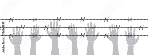 Razor wire human hands. Barbed wire and hands. Vector scalable graphics