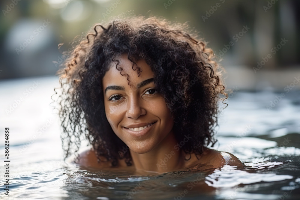 Fototapeta premium Young woman chilling in the river on holiday. Generative AI.