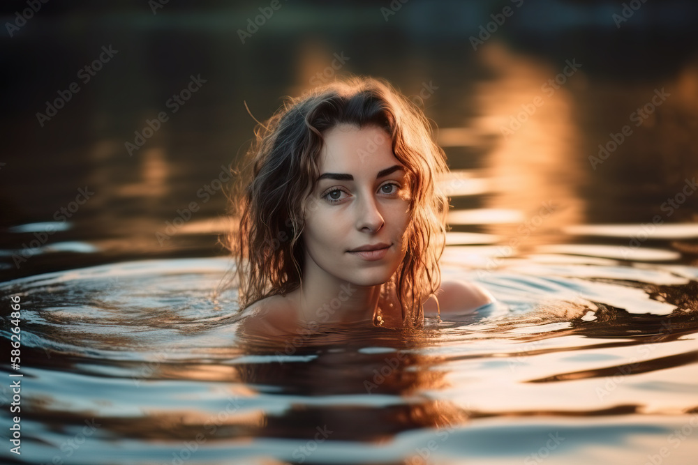 25 year old woman swimming at sunset. Generative AI.