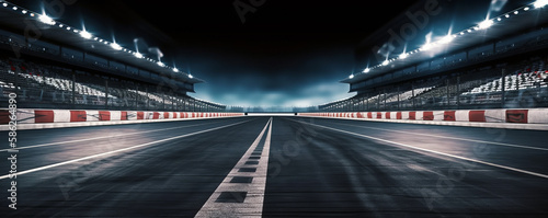 The finish line of an asphalt racetrack and a lighted race stadium at night. professional drawing of racing sports in digital 3D - Generative AI © Bartek