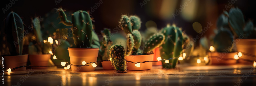 Collection of various succulents and plants in natural terracotta pots. Potted cactus with bokeh lights. Generative AI