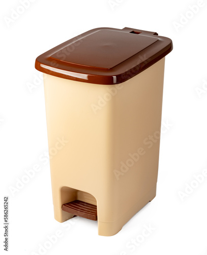 Beige plastic waste bin isolated on white