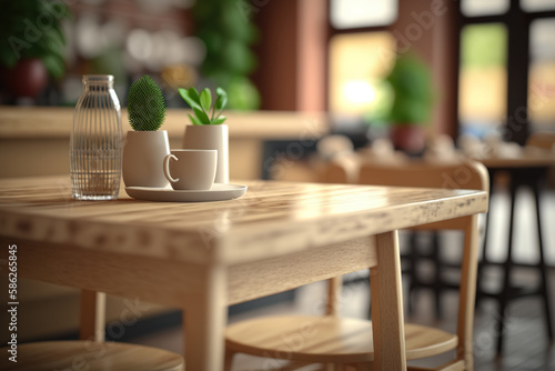 Wood table in blurry of modern restaurant room or coffee shop for product display mockup. Light wood restaurant table on blurred kitchen background. Realistic 3D illustration. Creative AI
