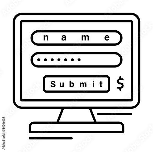 Monitor, name, password, submit icon. Simple line, outline elements of business and finance icons for ui and ux, website or mobile application