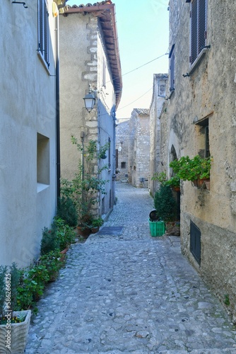 A narrow street among the old houses of Fumone  a historic town in the state of Lazio in Italy.