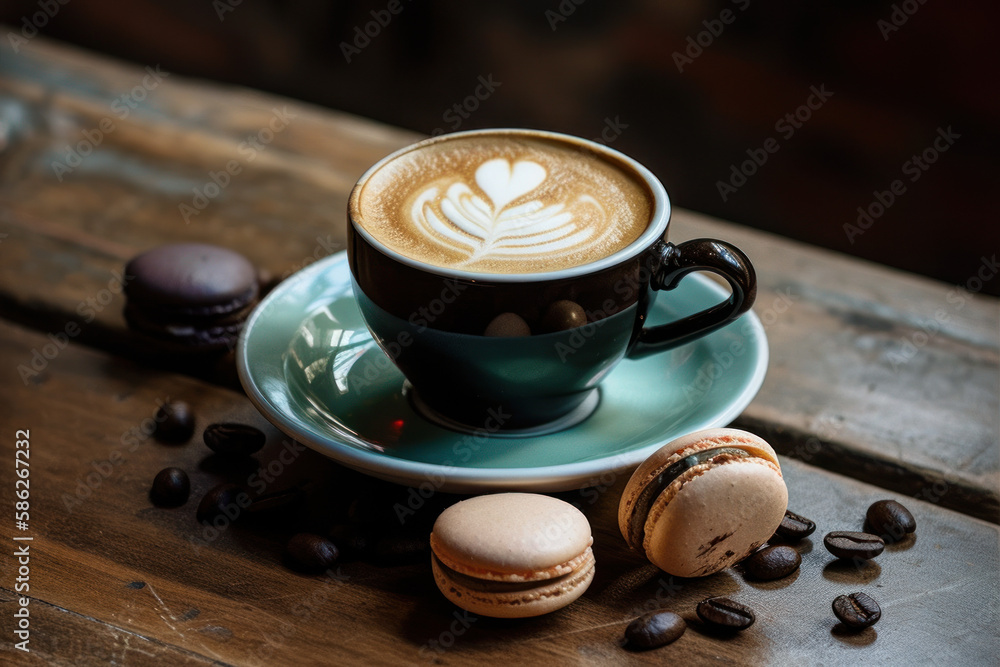 Tasse de café crème avec un dessin de type "Latte art" avec des macarons  posé sur une table en bois brute Stock-Foto | Adobe Stock