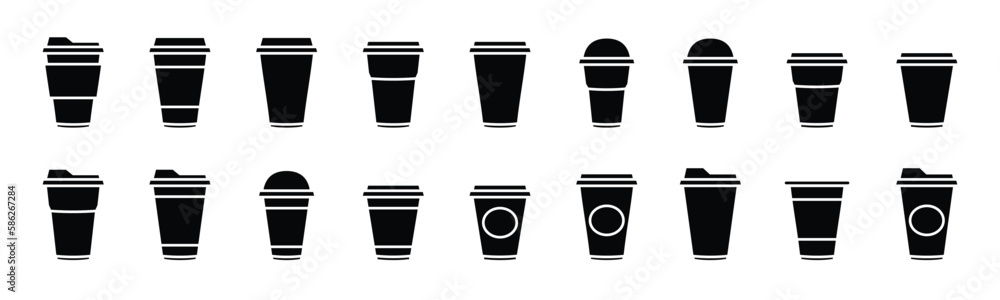 Coffee cup icons vector set in flat style. Disposable coffee cup. Coffee paper cup, plastic container for hot and cold drink, juice, tea, cocoa and other. Vector illustration Coffee cup icons vector set in flat style. Disposable coffee cup. Coffee paper cup, plastic container for hot and cold drink, juice, tea, cocoa and other. Vector illustration