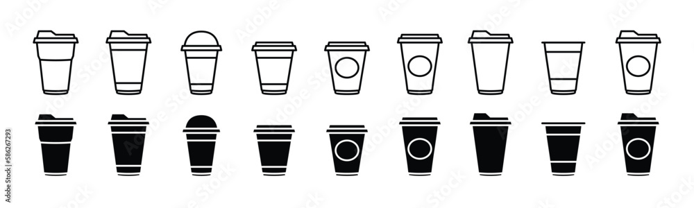 Coffee cup icons vector set in line and flat style. Disposable coffee cup. Coffee paper cup, plastic container for hot and cold drink, juice, tea, cocoa and other. Vector illustration Coffee cup icons vector set in line and flat style. Disposable coffee cup. Coffee paper cup, plastic container for hot and cold drink, juice, tea, cocoa and other. Vector illustration