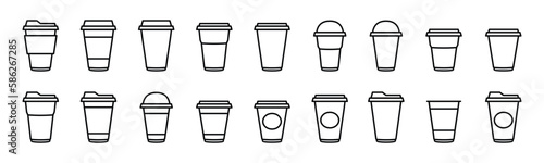 Coffee cup icons vector set in line style. Disposable coffee cup. Coffee paper cup, plastic container for hot and cold drink, juice, tea, cocoa and other. Vector illustration