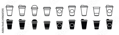 Coffee cup icons vector set in line and flat style. Disposable coffee cup. Coffee paper cup, plastic container for hot and cold drink, juice, tea, cocoa and other. Vector illustration