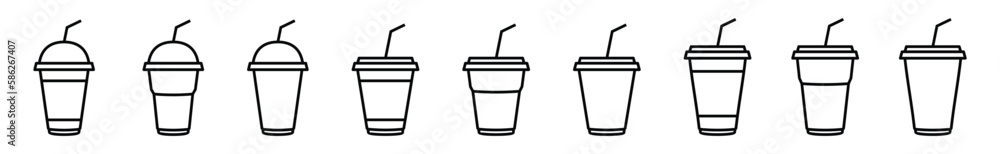 Coffee cup icons vector set in line style. Disposable coffee cup with straw. Coffee paper cup, plastic container for hot and cold drink, juice, tea, cocoa and other. Vector illustration Coffee cup icons vector set in line style. Disposable coffee cup with straw. Coffee paper cup, plastic container for hot and cold drink, juice, tea, cocoa and other. Vector illustration