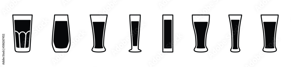 Drink glasses icons vector set. Flat water glass icon. long drinking glass sign and symbol. Drink symbol vector illustration Drink glasses icons vector set. Flat water glass icon. long drinking glass sign and symbol. Drink symbol vector illustration