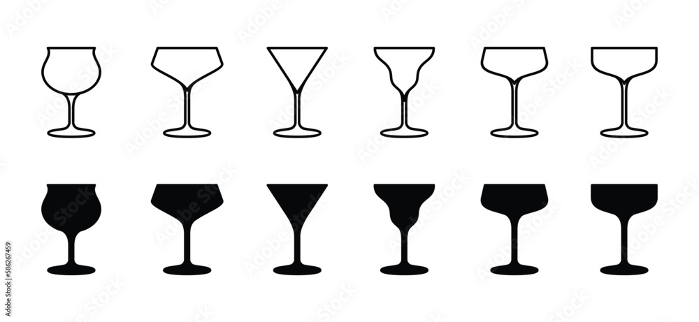 Cocktail glasses icons vector set in line and flat style. Alcohol, juice, beer, margarita, margarita, lemon drink icons, vector illustration Cocktail glasses icons vector set in line and flat style. Alcohol, juice, beer, margarita, margarita, lemon drink icons, vector illustration