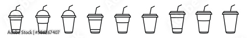 Coffee cup icons vector set in line style. Disposable coffee cup with straw. Coffee paper cup, plastic container for hot and cold drink, juice, tea, cocoa and other. Vector illustration