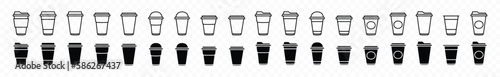 Coffee cup icons vector set in line and flat style. Disposable coffee cup. Coffee paper cup, plastic container for hot and cold drink, juice, tea, cocoa and other. Vector illustration