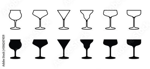 Cocktail glasses icons vector set in line and flat style. Alcohol, juice, beer, margarita, margarita, lemon drink icons, vector illustration