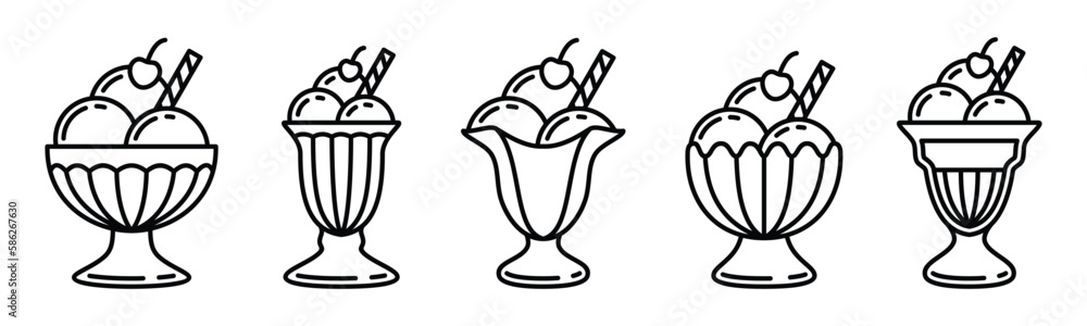 Ice cream icons vector set in line style. Ice cream sundae in a glass, frozen yogurt, vanilla, chocolate, strawberry, parfait, cherry sign and symbol. Vector illustration Ice cream icons vector set in line style. Ice cream sundae in a glass, frozen yogurt, vanilla, chocolate, strawberry, parfait, cherry sign and symbol. Vector illustration