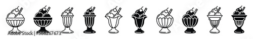 Ice cream icons vector set in line and flat style. Ice cream sundae in a glass, frozen yogurt, vanilla, chocolate, strawberry, parfait, cherry sign and symbol. Vector illustration