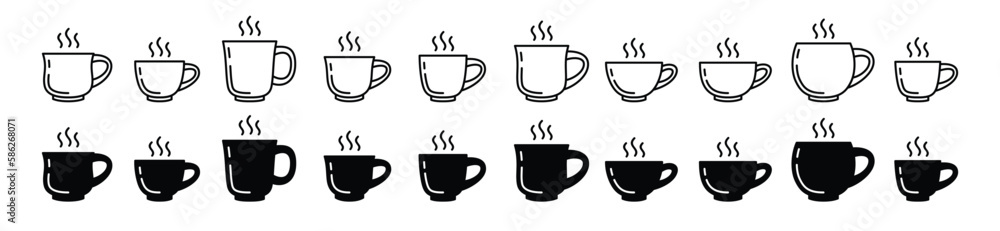 Obraz premium Coffee cup icon vector set in line and flat style. Hot coffee, tea, drinks, cocoa cup or mug sign and symbol. Vector illustration