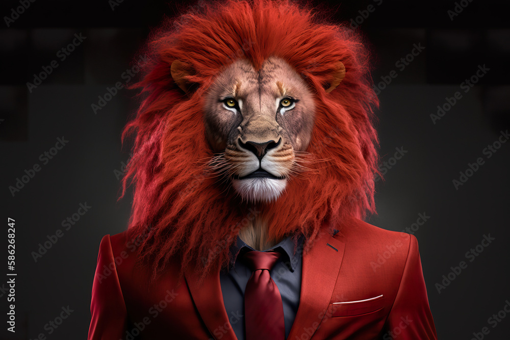 Red lion in a formal business suit. Funny businessman animal. Elegant lion king. Realistic 3D illustration. Creative AI