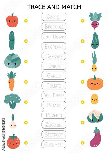 Trace and match words with the correct pictures. Funny vegetables. Healthy food. Educational game for preschool kids. Learn English vocabulary. Name matching worksheet. Vector illustration.