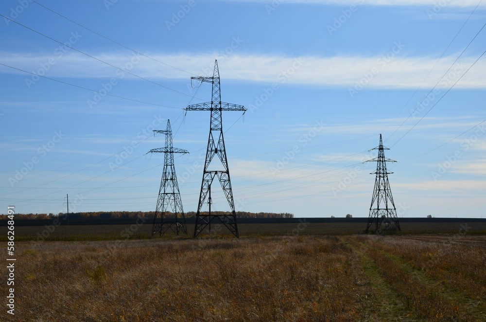 electric pylons on the background of the field