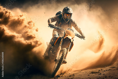 Motocross rider in ride sand with dust. Motocross sport extreme. Generation AI