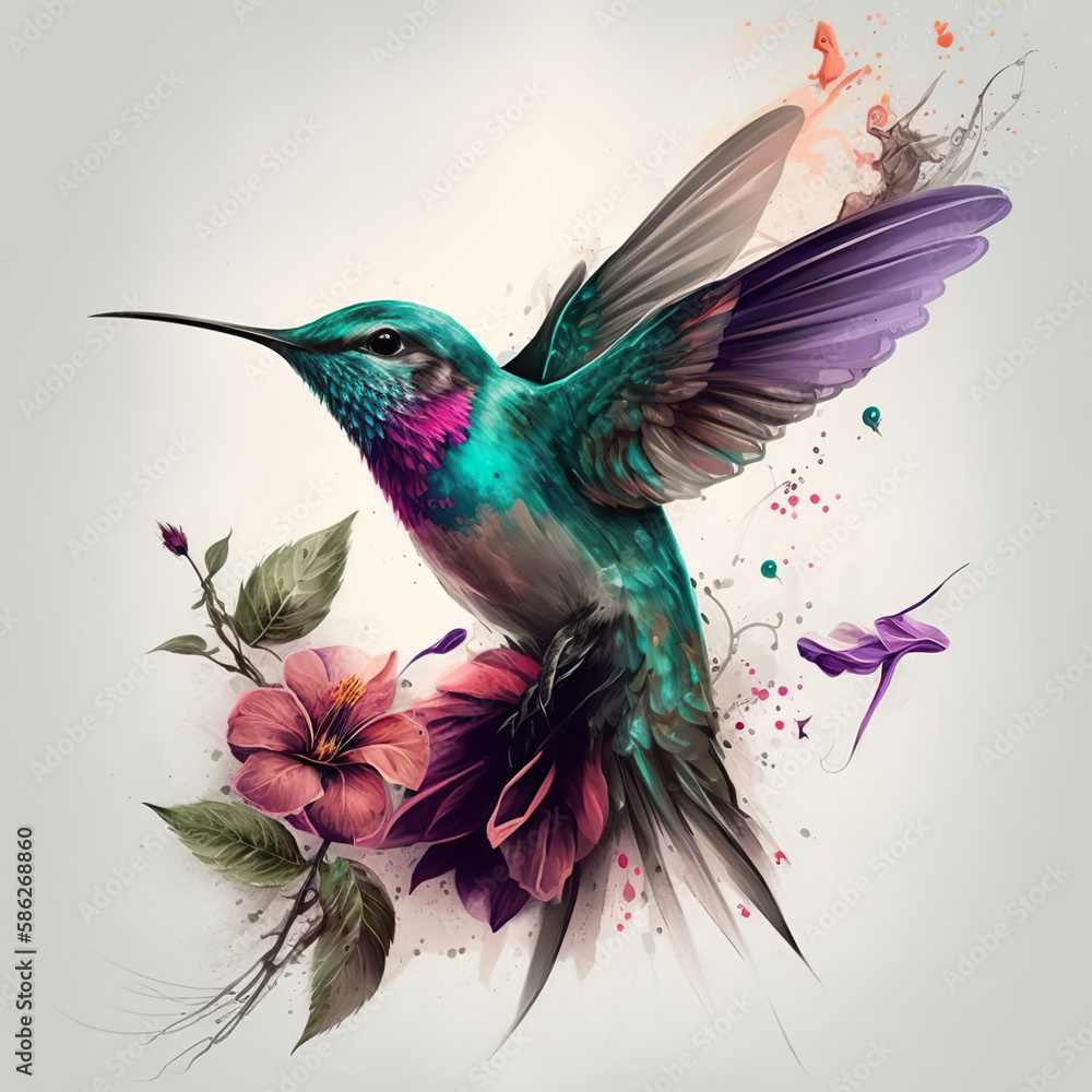 hummingbird hovering and flowers