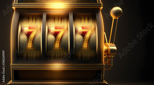 Casino banner, slot machine with move winner combination 777 symbols. Generation AI